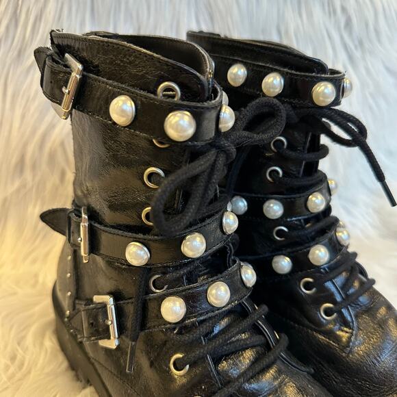 ZARA Genuine Leather Ankle Combat Boots Faux Pearl Lace-Up Flat Boots, Black - Picture 14 of 16